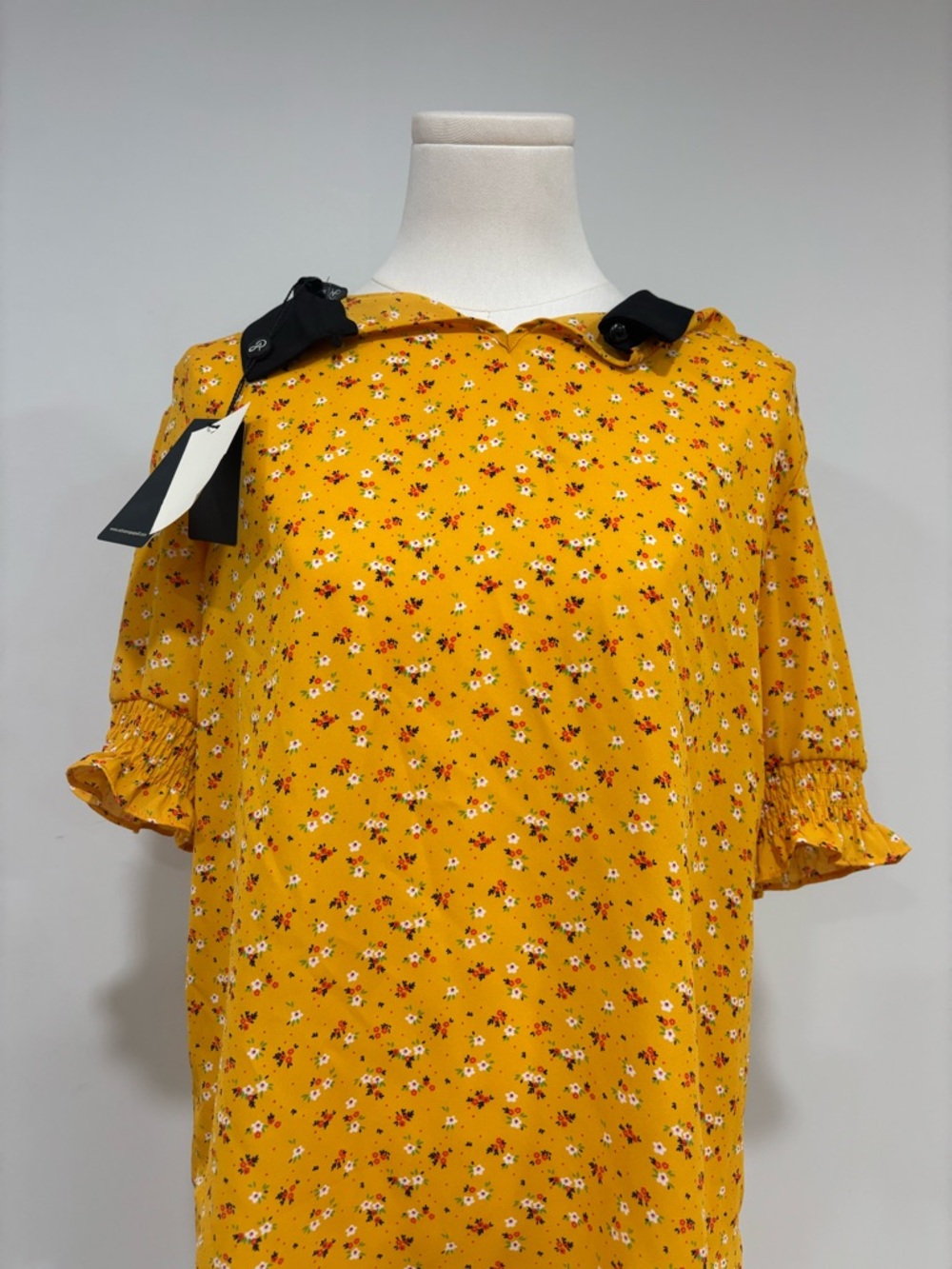 Adrianna Papell Mustard Yellow Floral Sundress with Black Tag Detail